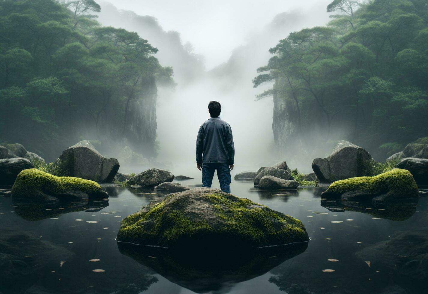ai generative photo of a man practicing mindfulness and meditation in a peaceful natural environment sony A7s realistic image, ultra hd, high design very detailed