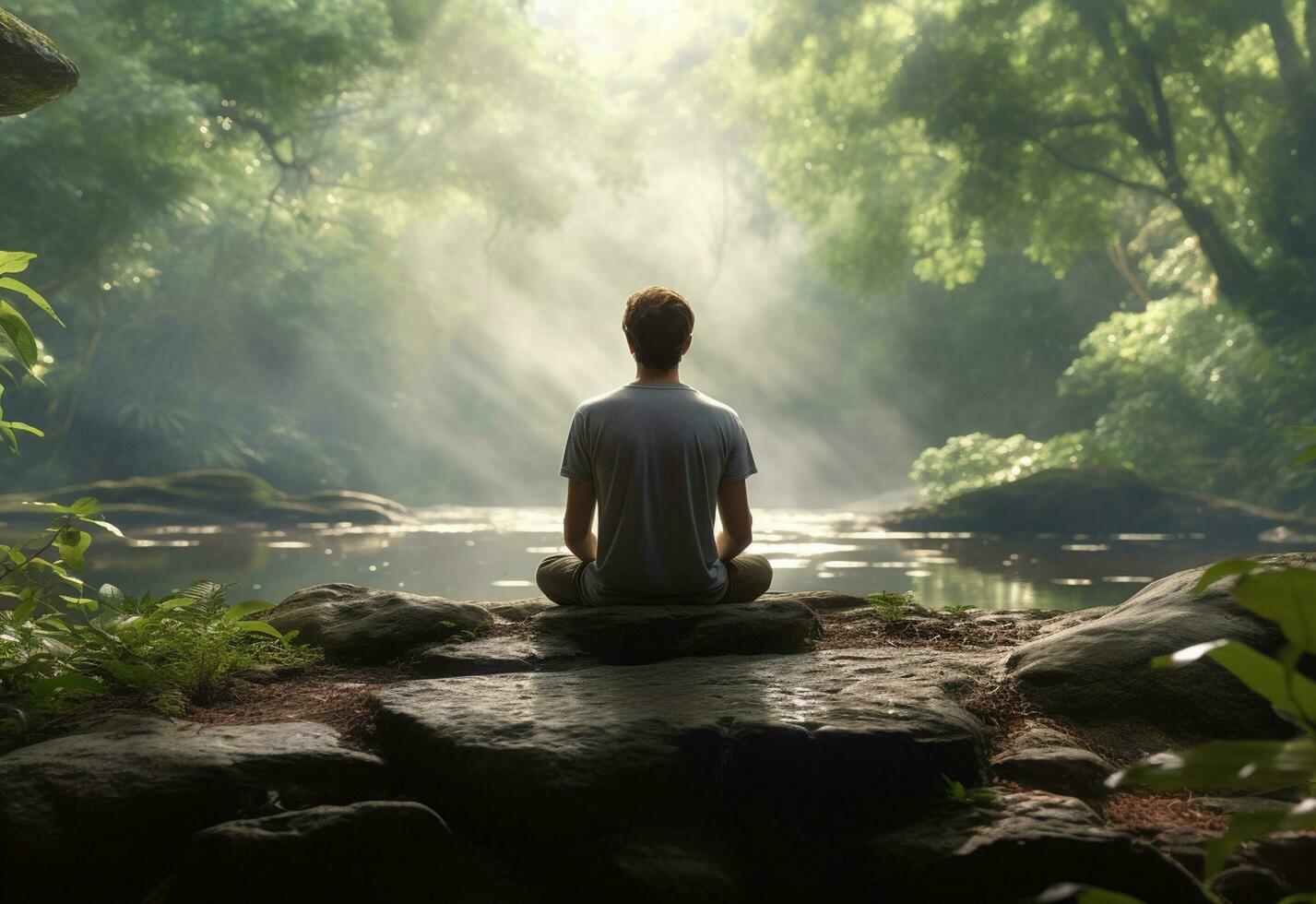 ai generative photo of a man practicing mindfulness and meditation in a peaceful natural environment sony A7s realistic image, ultra hd, high design very detailed