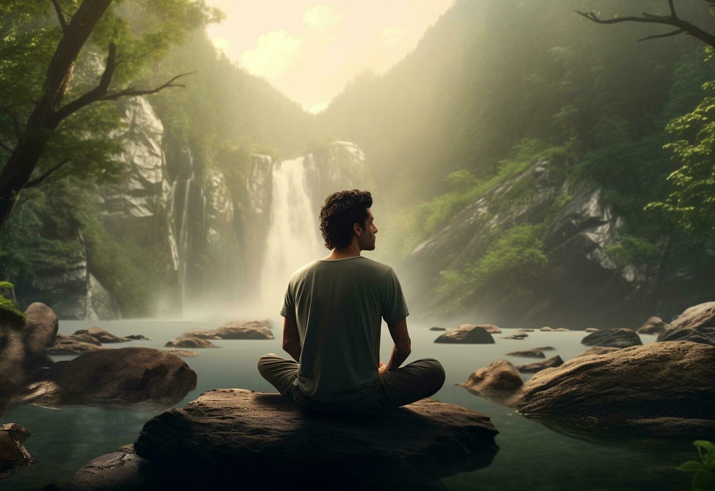 ai generative photo of a man practicing mindfulness and meditation in a peaceful natural environment sony A7s realistic image, ultra hd, high design very detailed