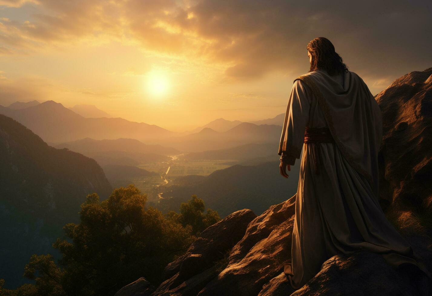 Ai generative Jesus Christ in the Hills at Sunset in Bolta realistic image, ultra hd, high design very detailed 8K photo
