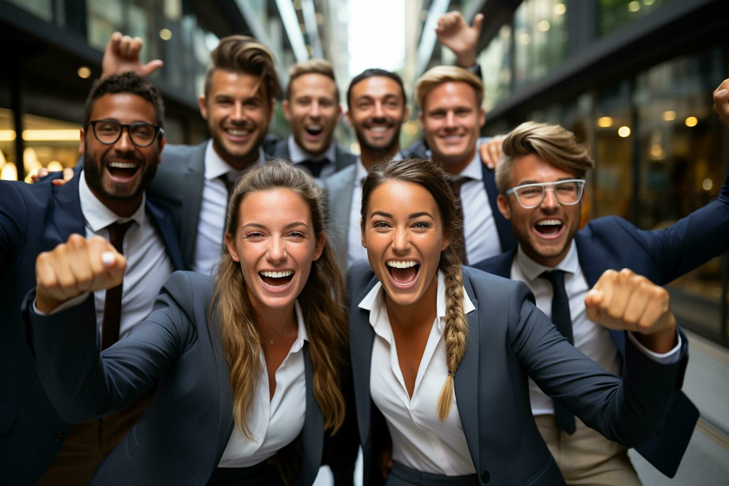 ai generativo grupo de contento negocio hombre y negocio mujer, vestido en trajes son sonriente, en el oficina foto