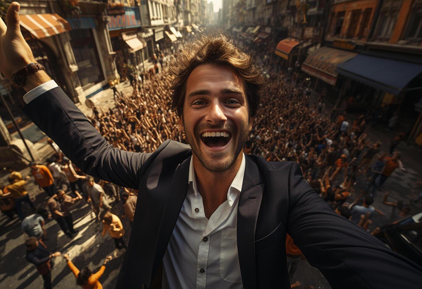 Ai Generative sucessfull business man celebrate his sucess on a crowded street morning picture taken from drone realistic image, ultra hd, high design very detailed photo