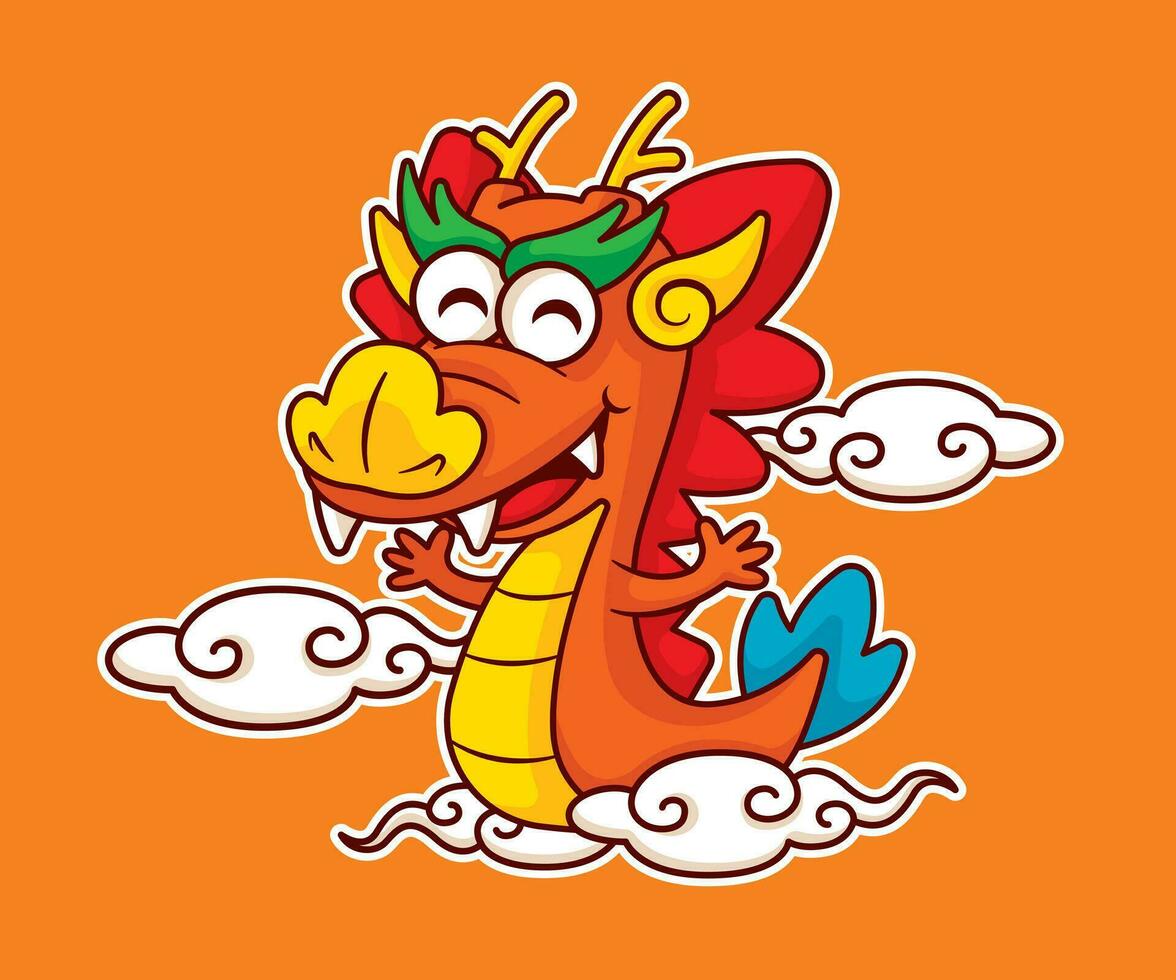 Cartoon cute chinese dragon zodiac on eastern cloud element character. Year of the dragon 2024 vector