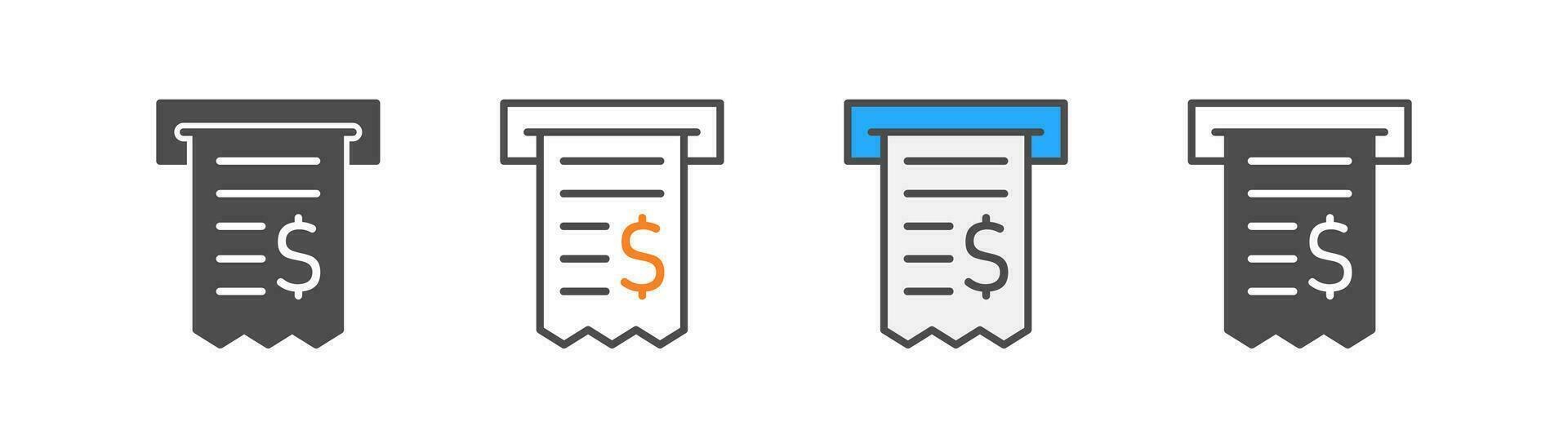 Paper receipt icon on light background. Fiscal check symbol. Total payment, invoice, sales, pay bill, financial operations. Outline flat and colored style. Vector illustration.