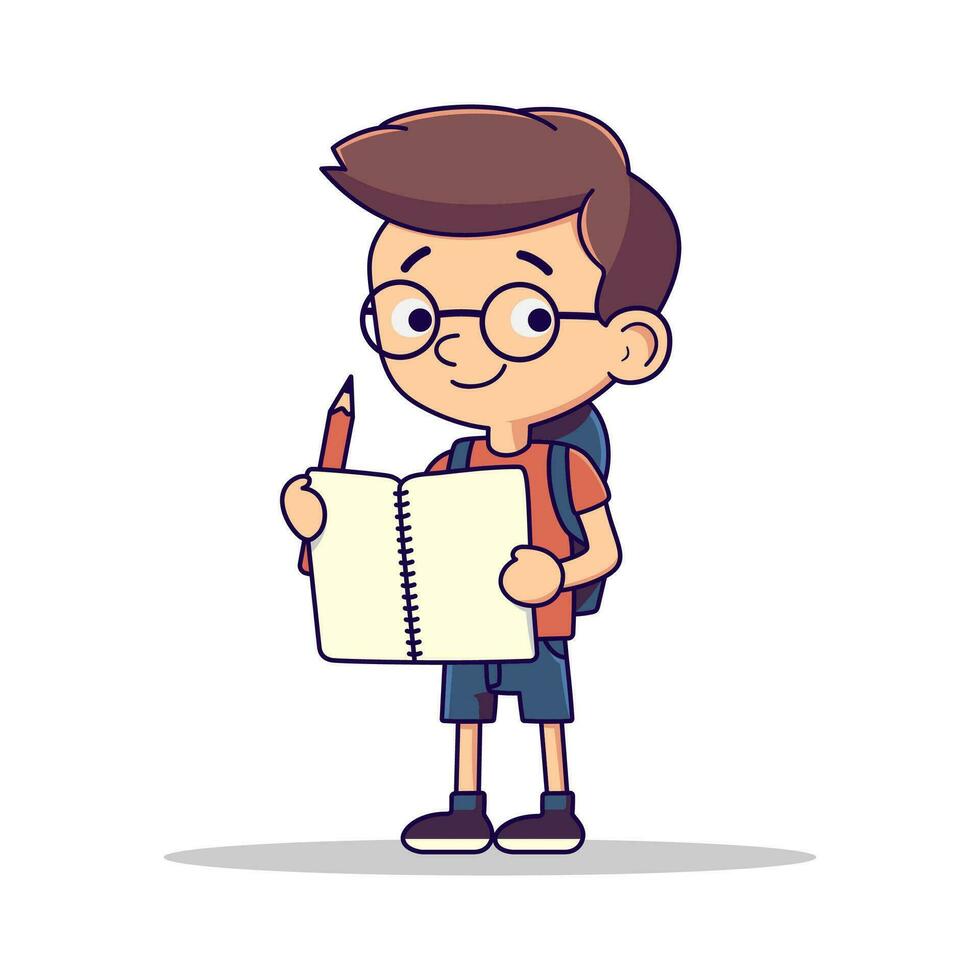 Smiling schoolboy standing and holding a copybook with pencil. Back to school poster, day of knowledge, student and education, 1st september, autumn. Colored flat vector illlustration.