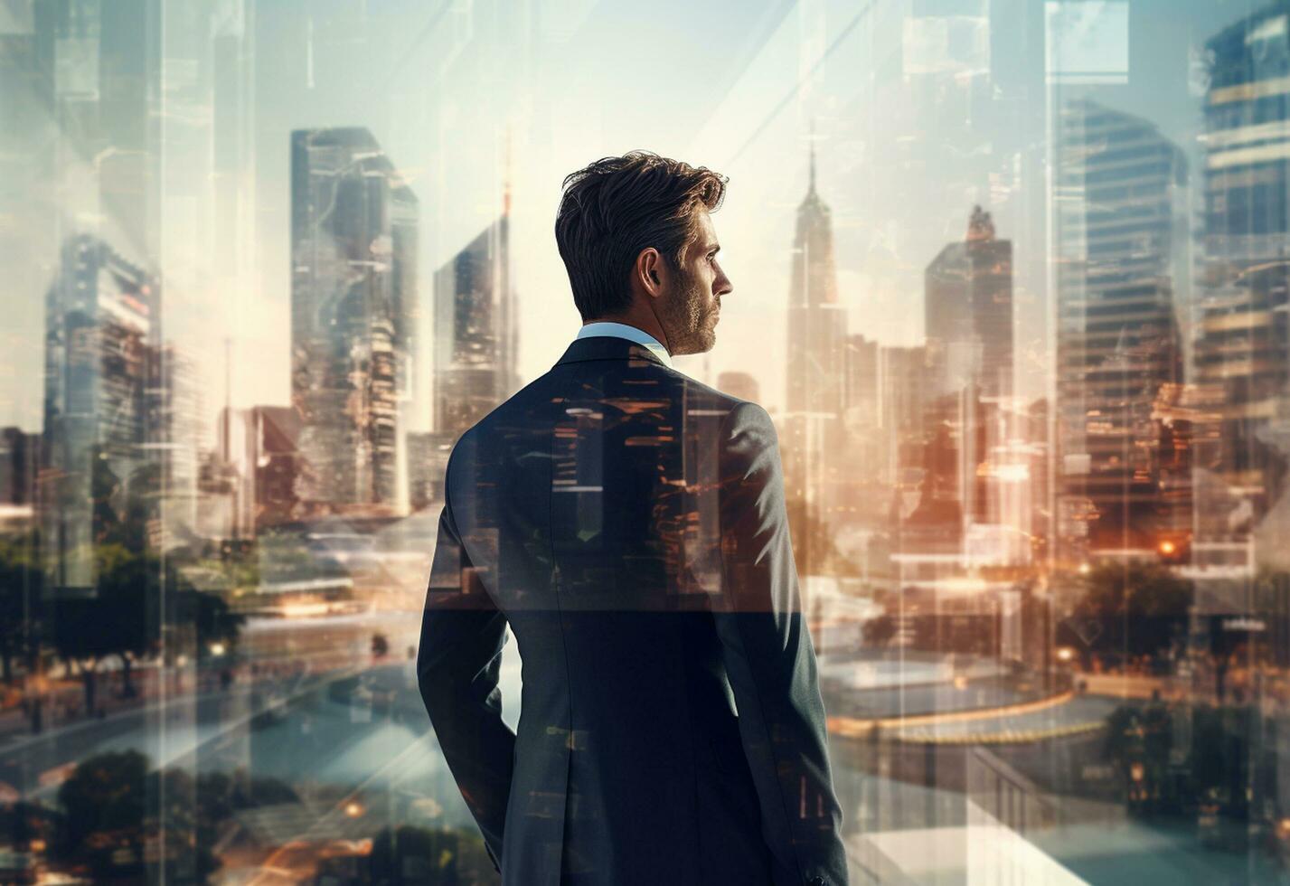 Ai generative A Double Exposure of a Businessman in the Cityscape Embodies Success and Future Plans photo