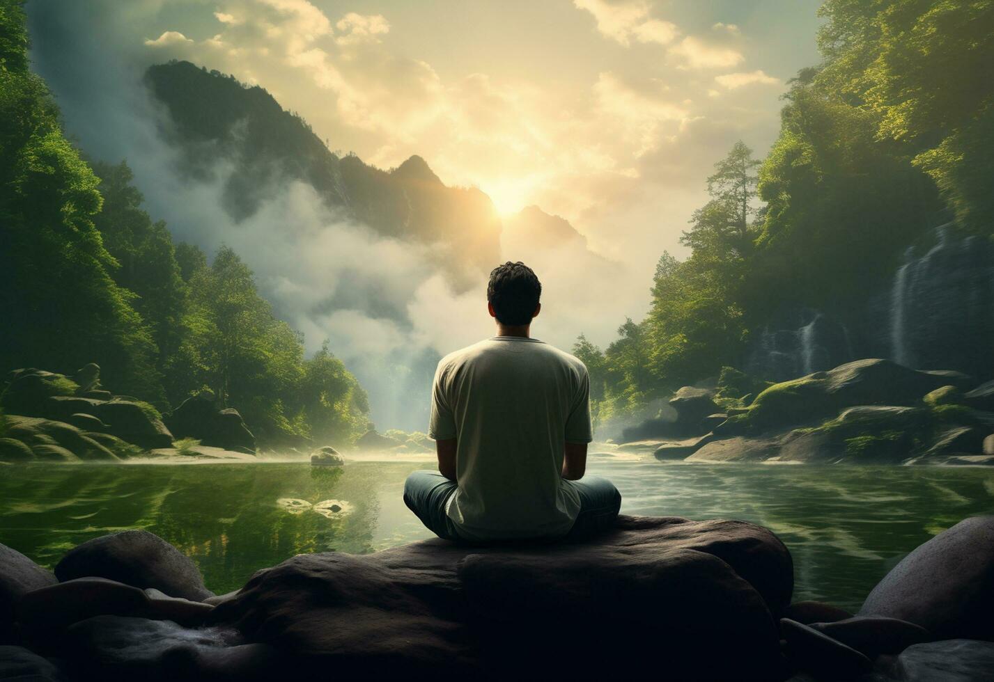 ai generative photo of a man practicing mindfulness and meditation in a peaceful natural environment sony A7s realistic image, ultra hd, high design very detailed