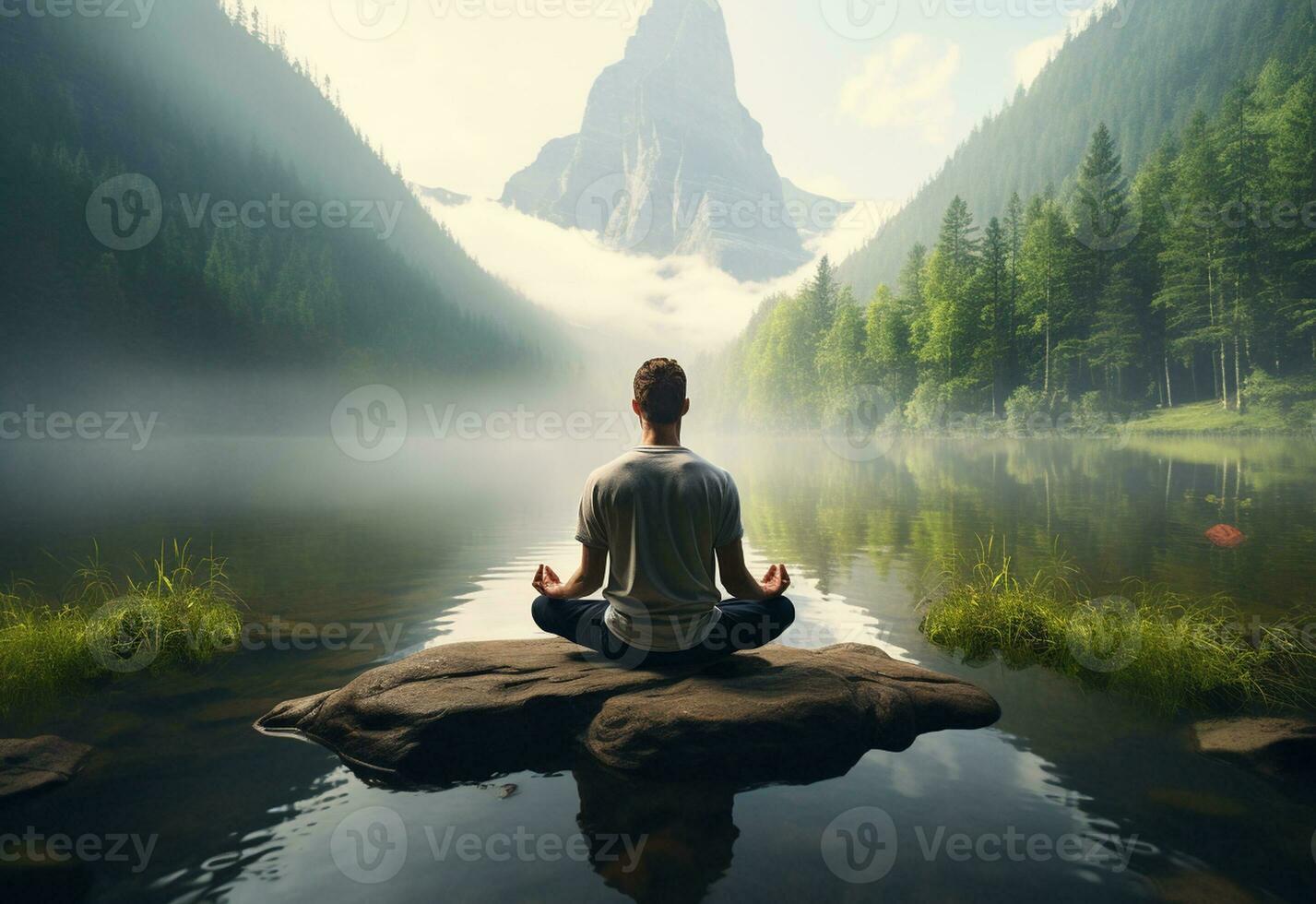 ai generative photo of a man practicing mindfulness and meditation in a peaceful natural environment sony A7s realistic image, ultra hd, high design very detailed