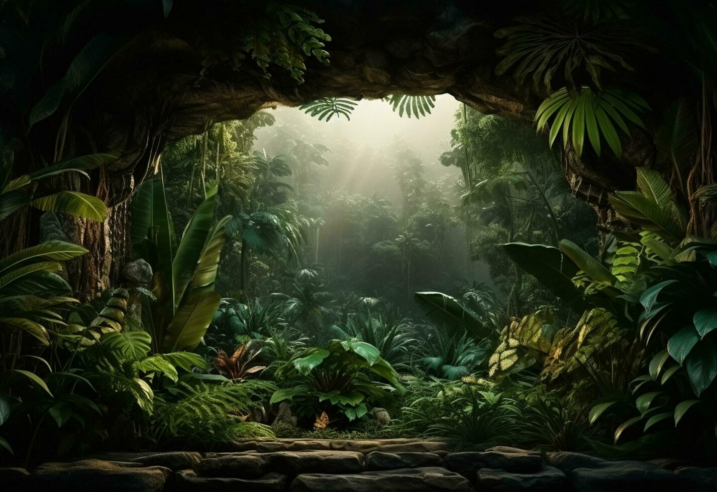 Ai Generative Beautiful jungle background with border made of tropical leaves backdrop with copy space photo