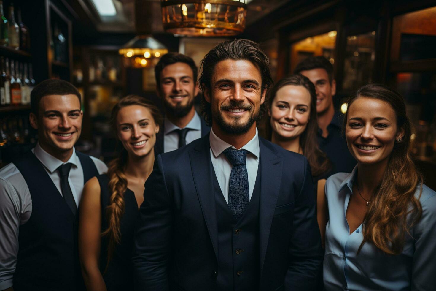 ai generativo grupo de contento negocio hombre y negocio mujer, vestido en trajes son sonriente, en el oficina foto