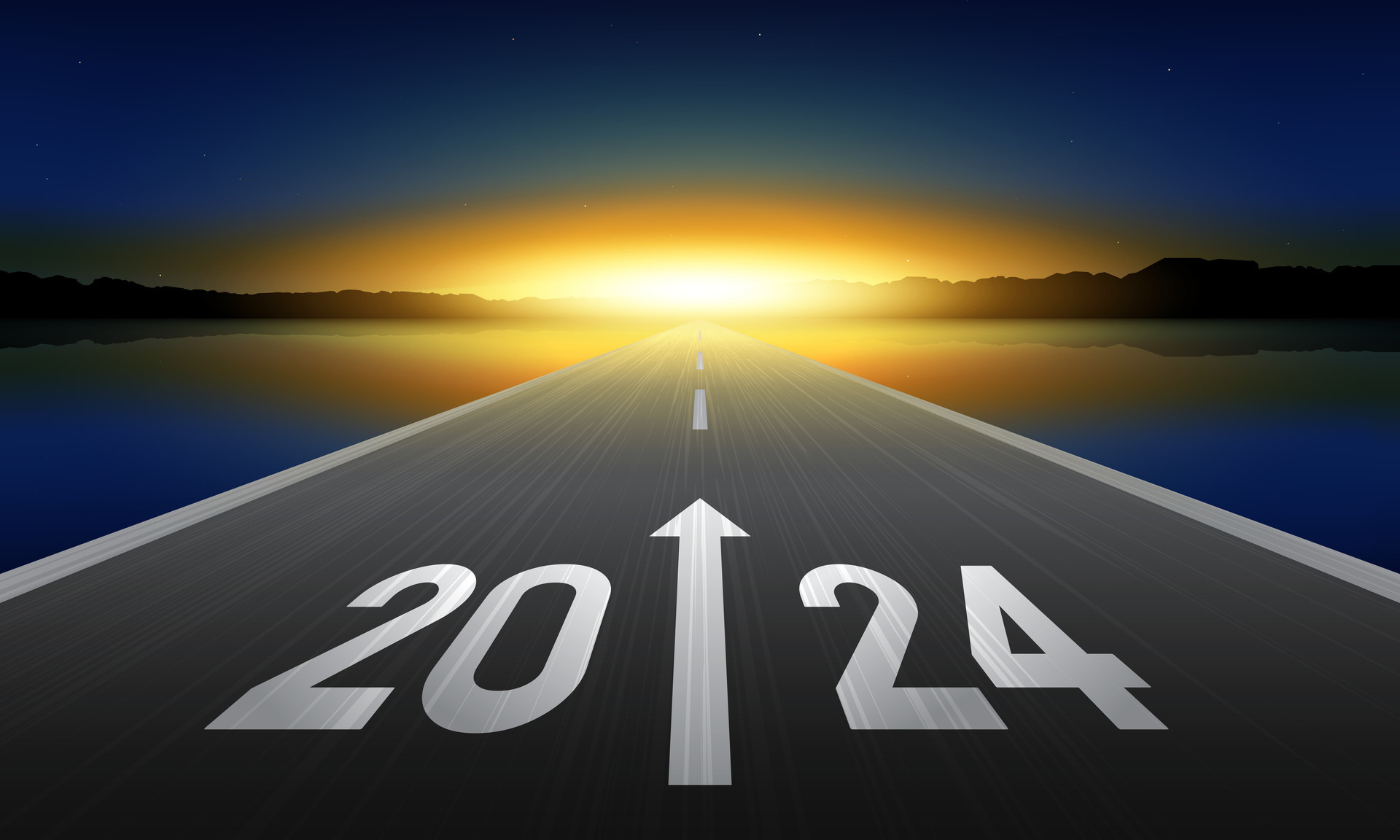 2024 New Year Background Design. Text 2024 written on the road in the middle of asphalt road at