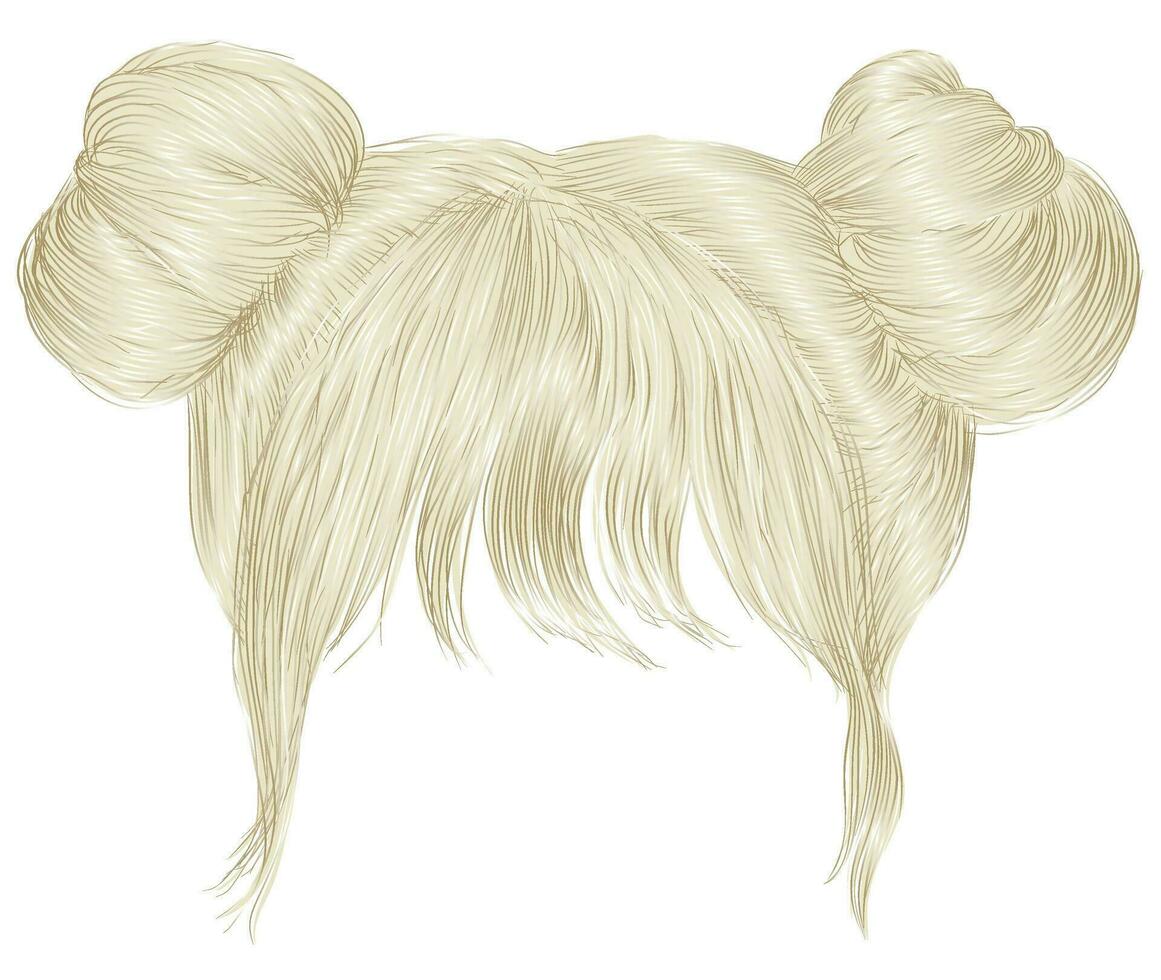 two buns  hairs with fringe  blond colors . women fashion beauty style . vector