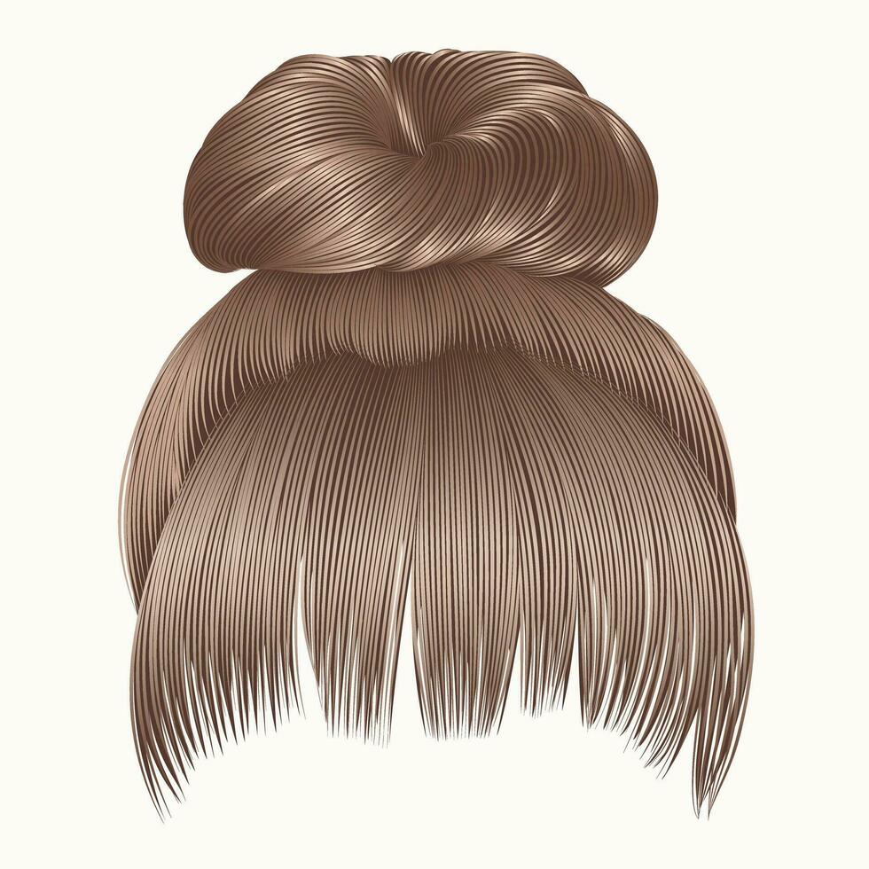 bun  hairs with fringe  blond colors . women fashion beauty style . vector