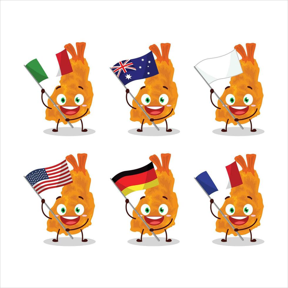 Fried shrimp cartoon character bring the flags of various countries vector