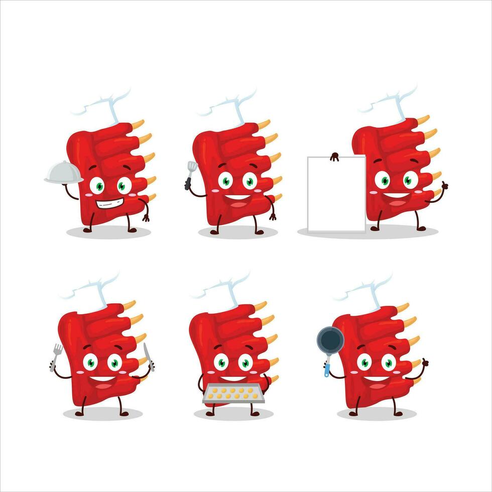 dibujos animados personaje de carne de vaca costillas con varios cocinero emoticones vector