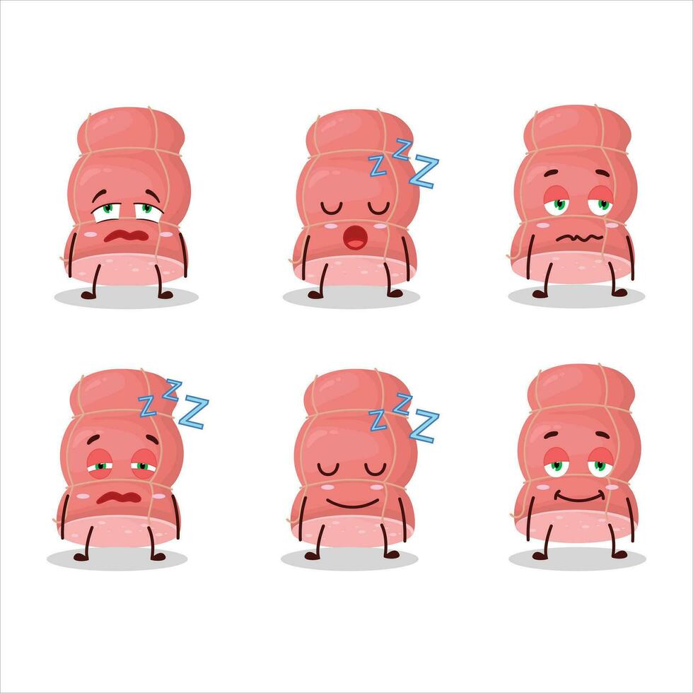 Cartoon character of boiled sausage with sleepy expression vector