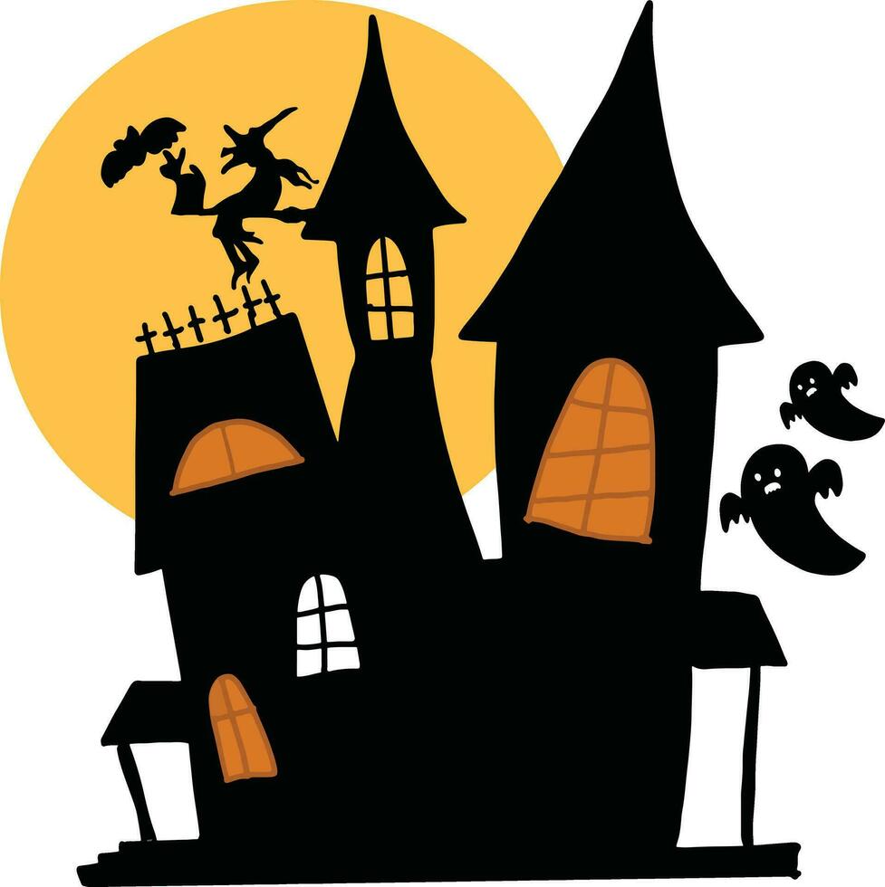 Halloween image Haunted House with Ghost, witch and spooky full moon. vector