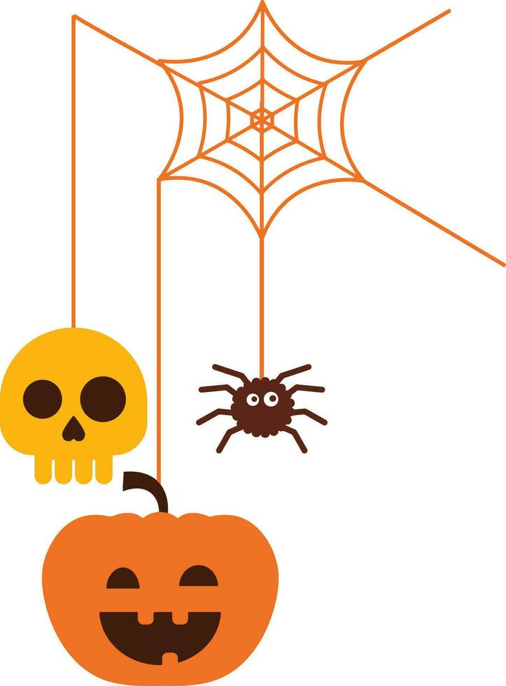hand drawn halloween elements collection with orange pumkin, yellow skull and purple spider hanging with spider web vector