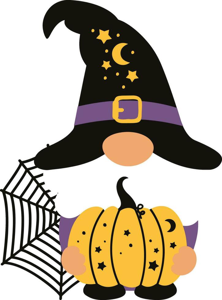 Gnome with yellow pumpkin and spider web for Halloween Day. vector