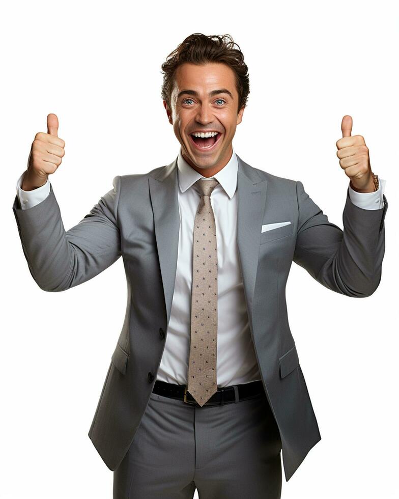 Ai generative photo business concept portrait of excited man dressed in formal wear giving thumbs up