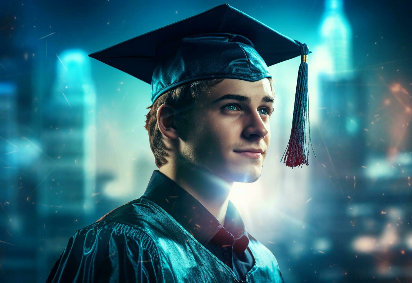 Ai Generative Double exposure photo of Young man with graduation cap technology background realistic image
