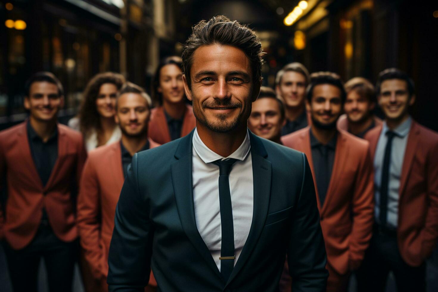 Ai Generative group of happy business man and business women, dressed in suits are smiling, in the office photo