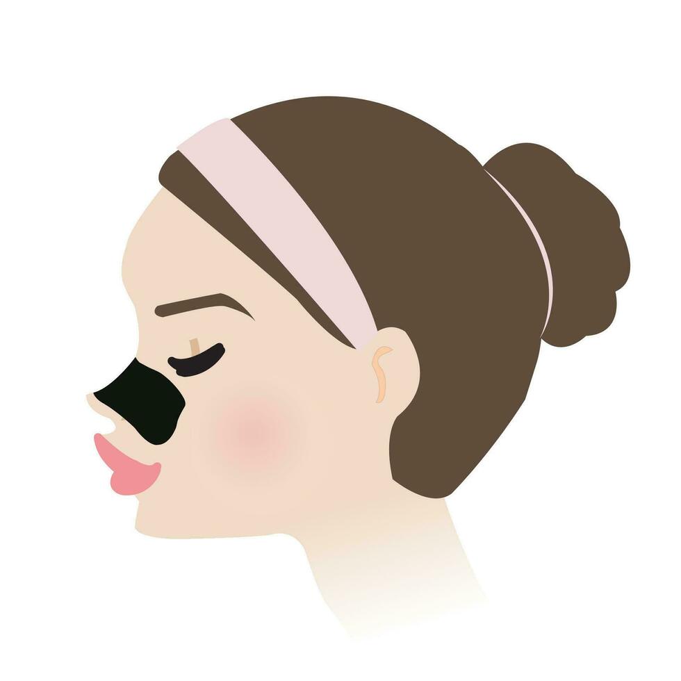 Cute woman with black charcoal pore strip on nose side view vector illustration isolated on white background. Blackhead removal nose pore strip, deep cleansing, unclogging and tighten pores on nose.
