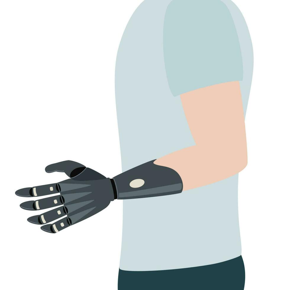 Man with prosthetic arm. Bionic limb, amputee male person. Concept of people with disability. Vector Illustration on white background.