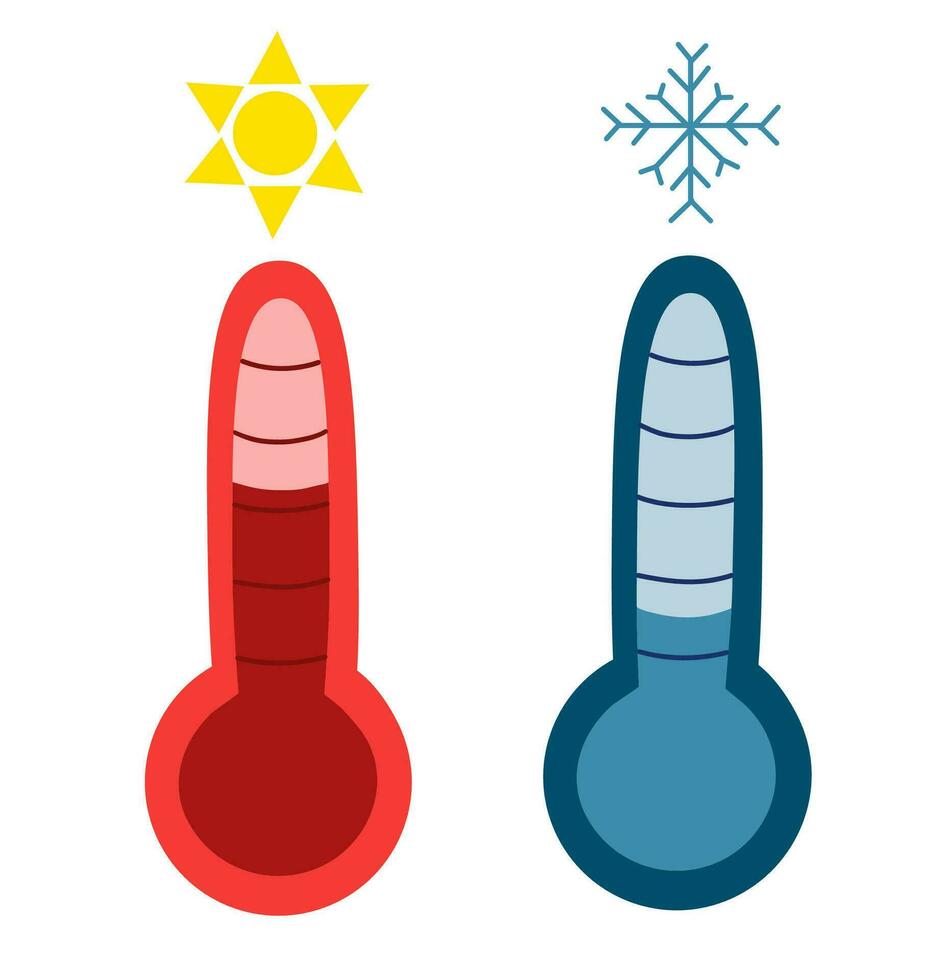 caliente y frío temperatura termómetros con copos de nieve y Dom. clima pronóstico. vector plano ilustración.