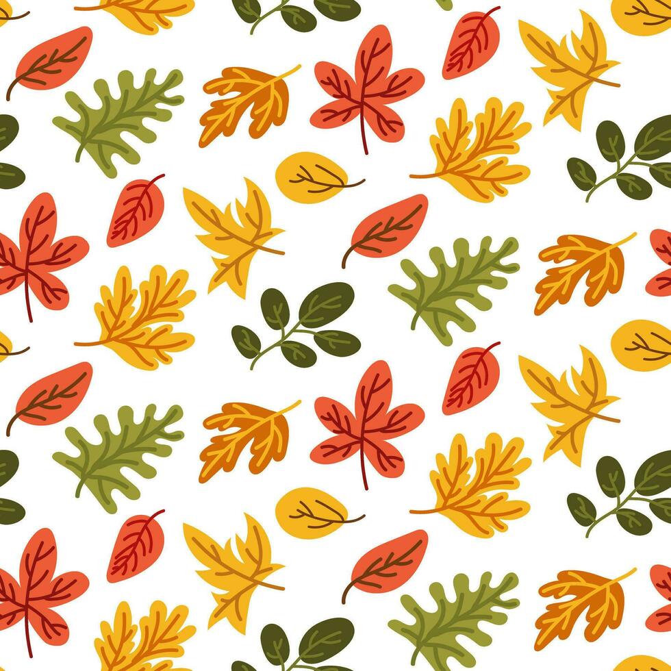 Seamless pattern with autumn leaves of various orange, green, red and yellow colors. Perfect for wallpaper, gift paper, pattern filling, web page backgrounds, autumn greeting cards. Cozy texture vector