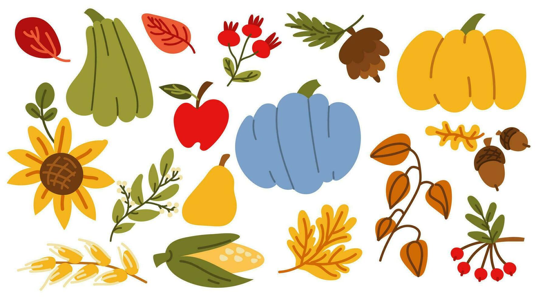 vector plano ilustraciones de otoño objetos frutas y verduras, cosecha, hojas, plantas, calabaza, maíz, bayas, bellotas linda dibujado a mano dibujos a crear un póster o tarjeta postal en el otoño tema