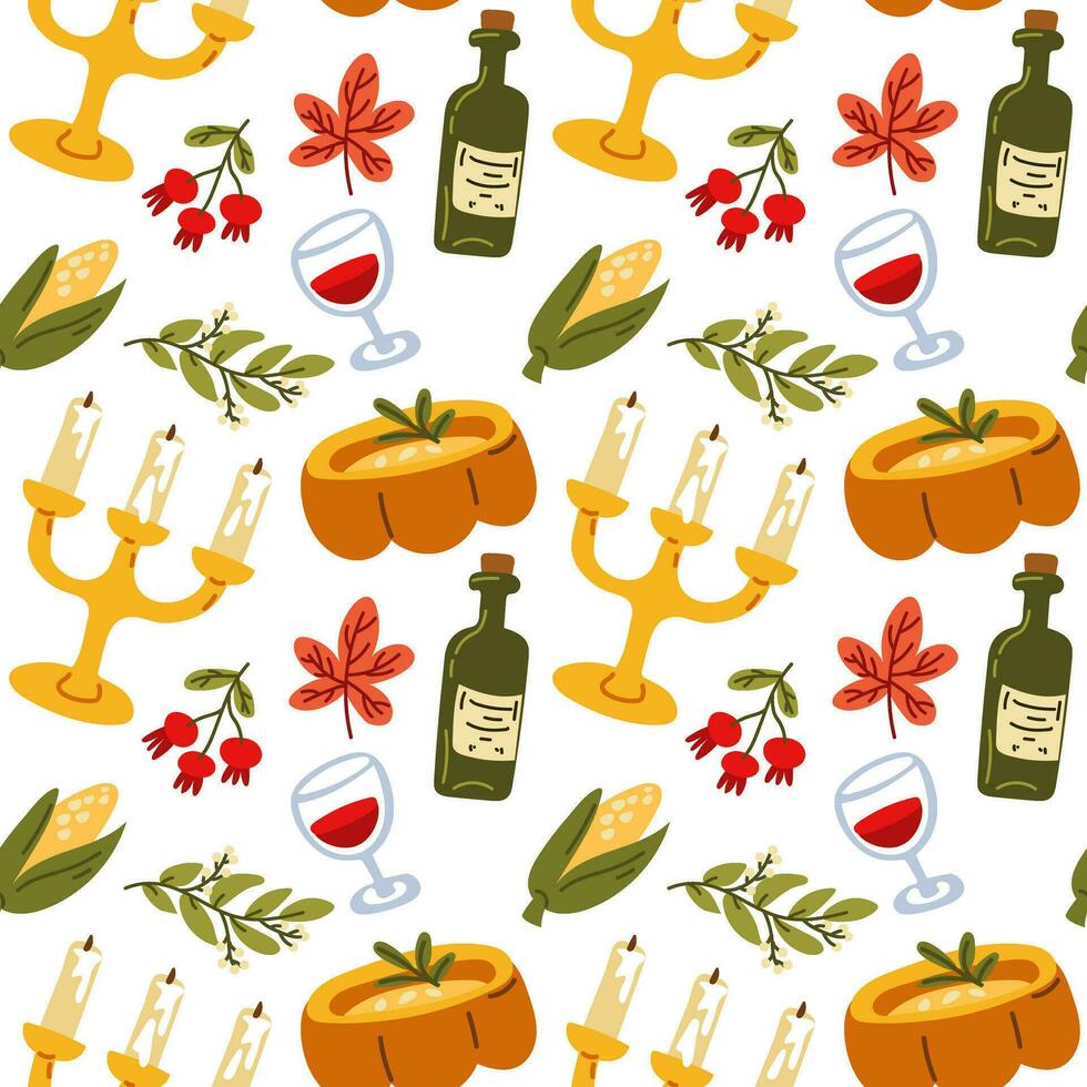 Seamless pattern happy Thanksgiving with festive items in a flat style. Hand-drawn background with pumpkin soup, wine, corn, candles, leaves. Vector illustration for design, fabric or wrapping paper