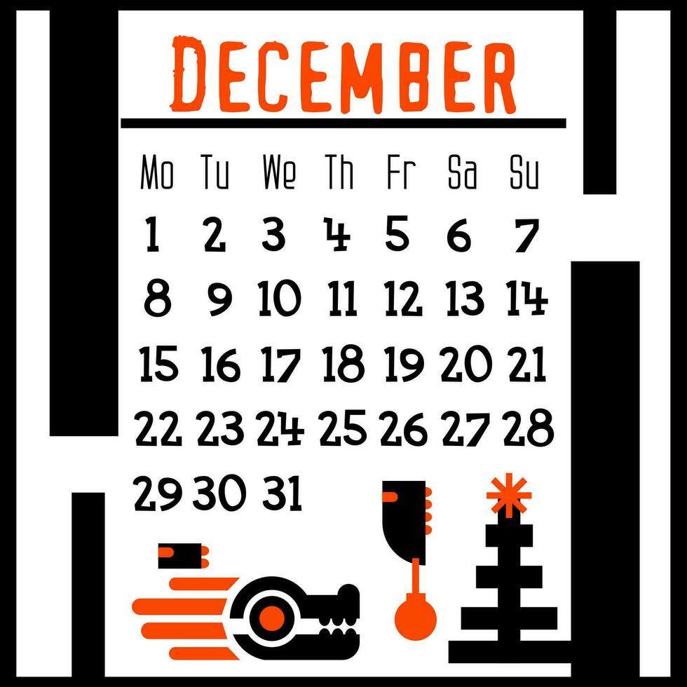 A calendar page for December 2024 with a cute geometric dragon. Isolated on a white. The symbol of the year of the dragon. A dragon with a Christmas tree and toys. Vector illustration. Black Orange