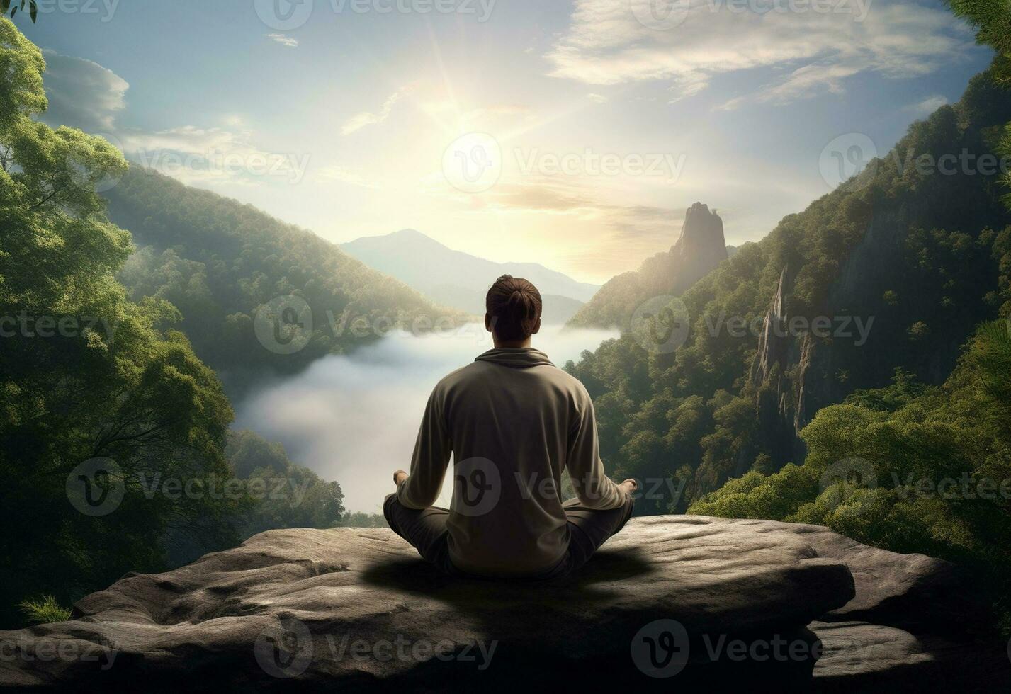 ai generative photo of a man practicing mindfulness and meditation in a peaceful natural environment sony A7s realistic image, ultra hd, high design very detailed