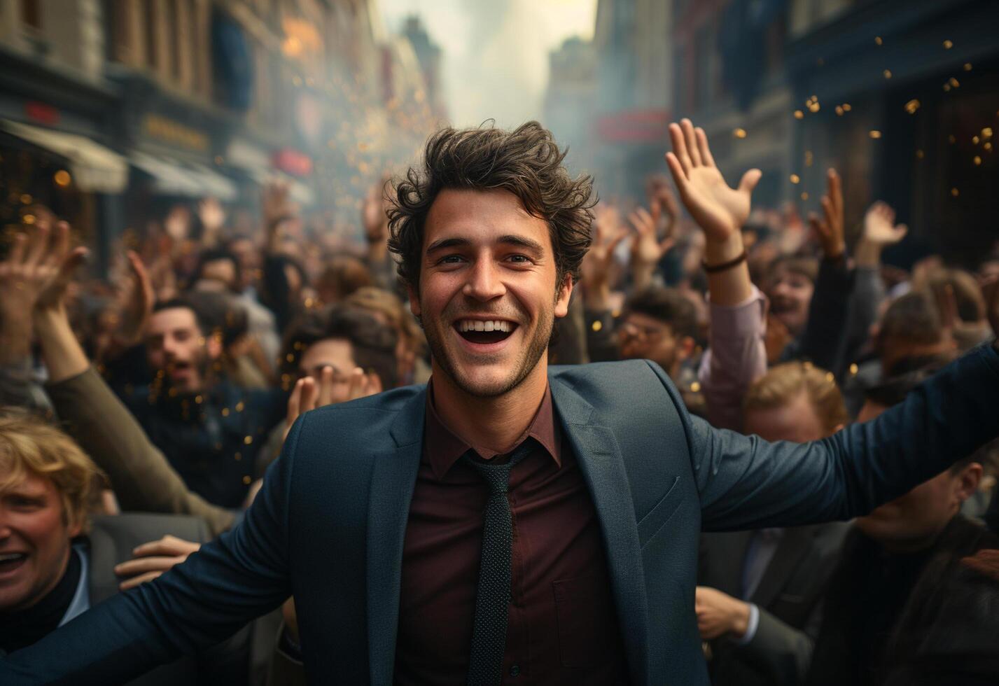 sucessfull business man celebrate his sucess on a crowded street morning picture taken from drone realistic image, ultra hd, high design very detailed photo