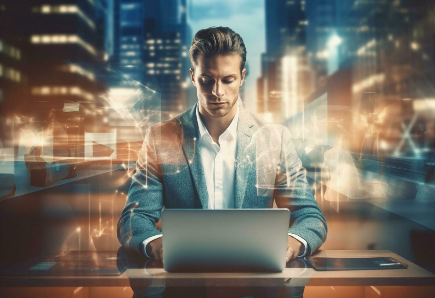 Ai generative double exposure photo of a business man using laptop on his desk front view office background realistic image, ultra hd, high design very detailed