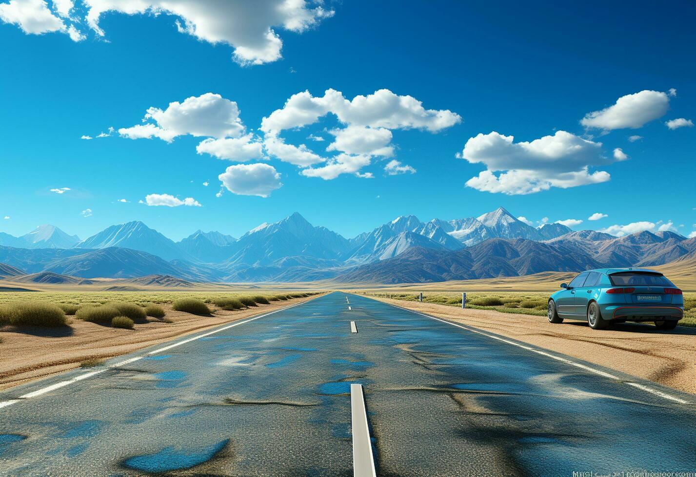 Ai generative Photo Road Clear Sky Desert Mountains Landscape realistic image, ultra hd, high design very detailed