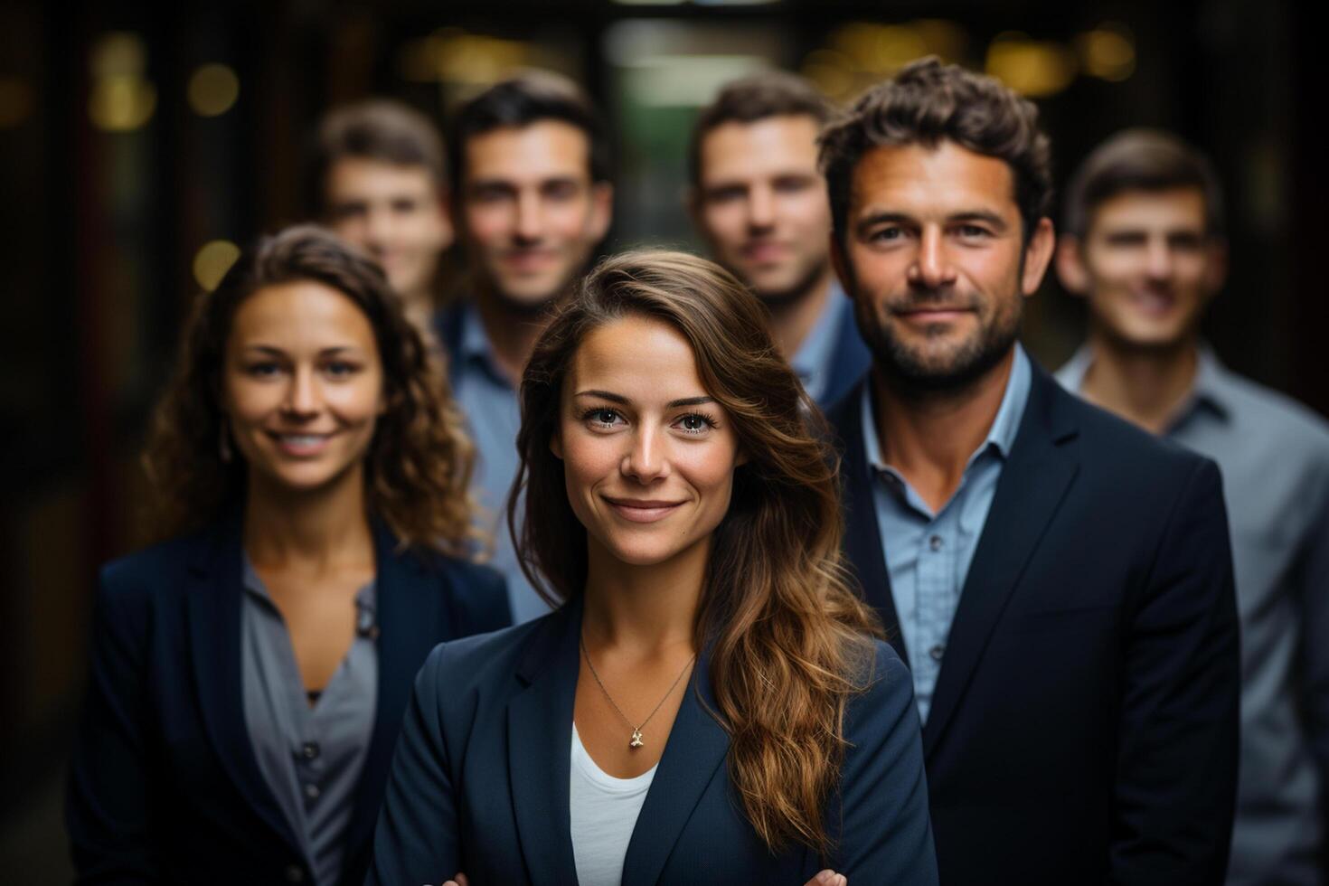 Ai Generative group of happy business man and business women, dressed in suits are smiling, in the office photo