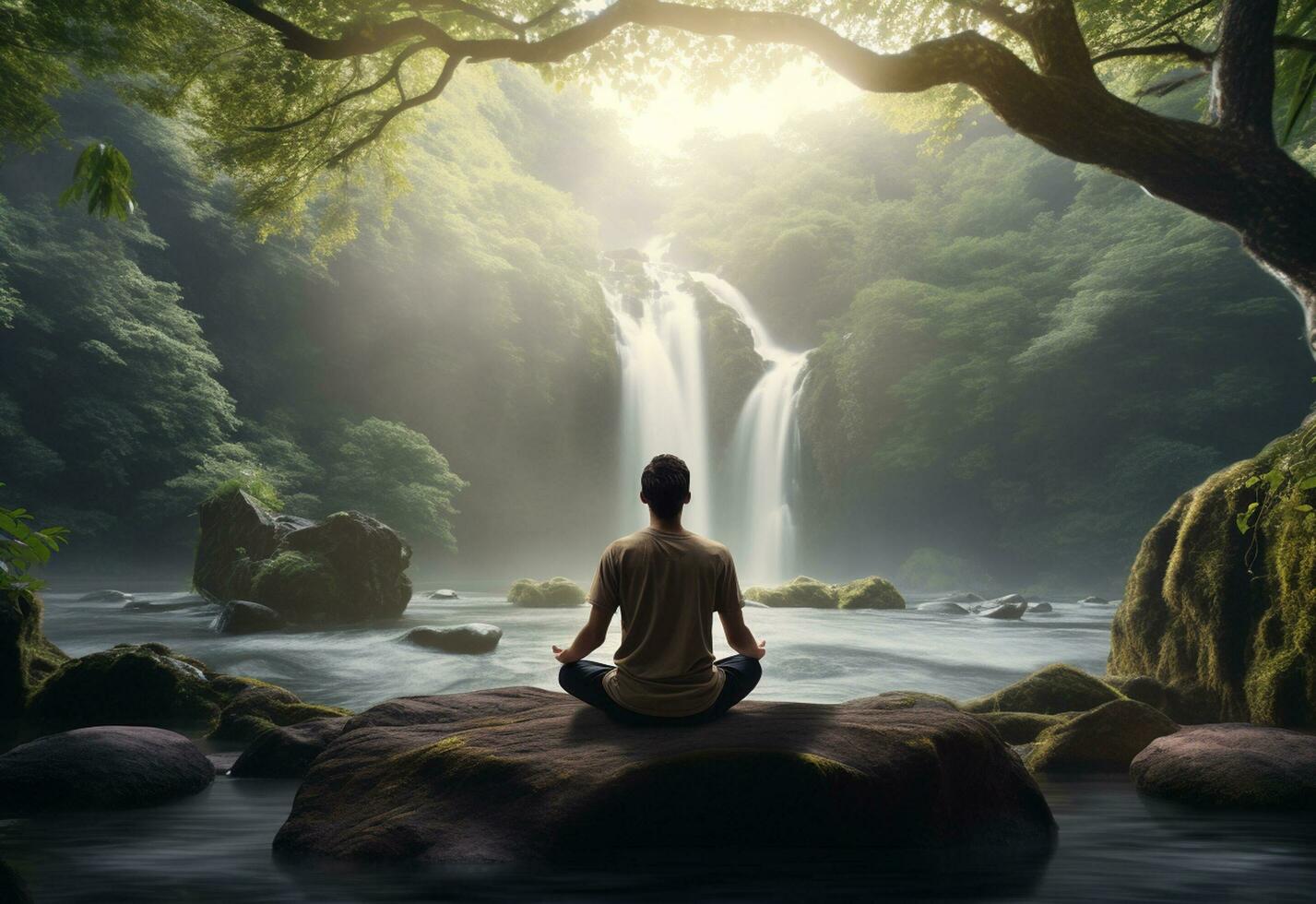 ai generative photo of a man practicing mindfulness and meditation in a peaceful natural environment sony A7s realistic image, ultra hd, high design very detailed