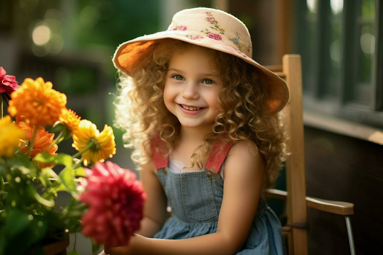 un pequeño niña en un sombrero sentado en un silla cerca flores ai generado foto