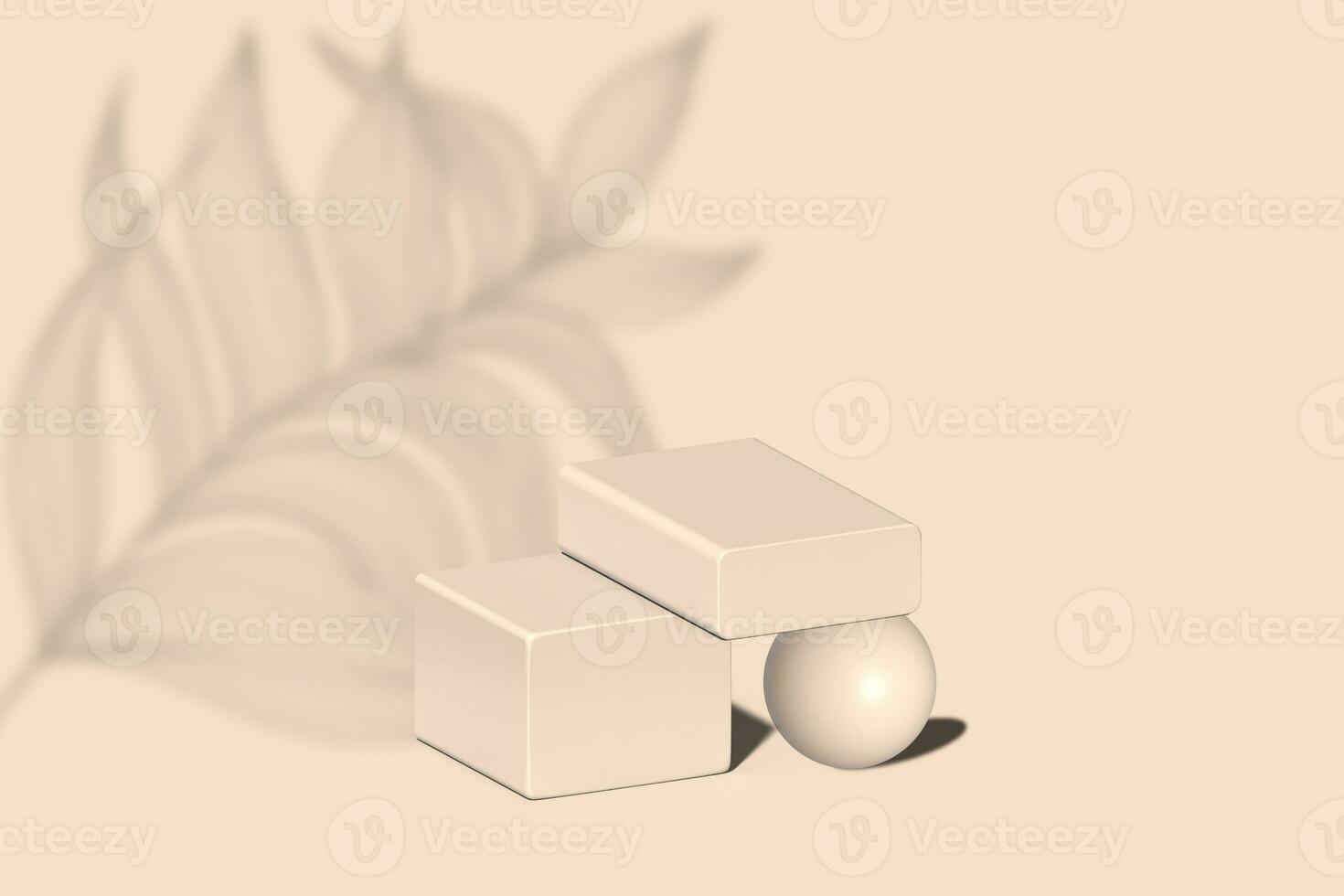 3d display podium. Three dimensional pedestal, cubes, sphere and fern branch hard shadow. Beige monochrome product presentation stand. Not AI photo