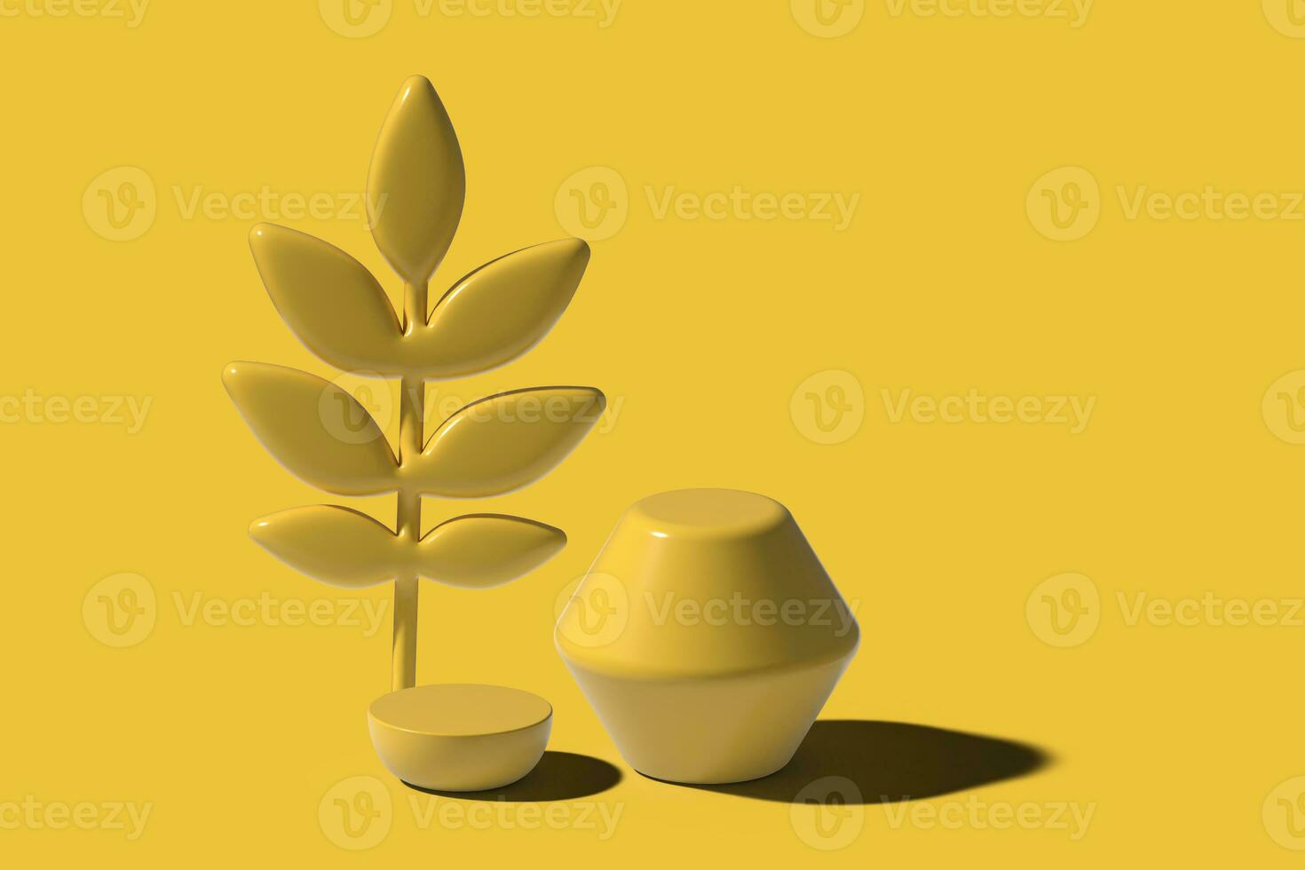 3d display podium. Three dimensional pedestal and leaves branch. Yellow monochrome product presentation stand. Not AI photo