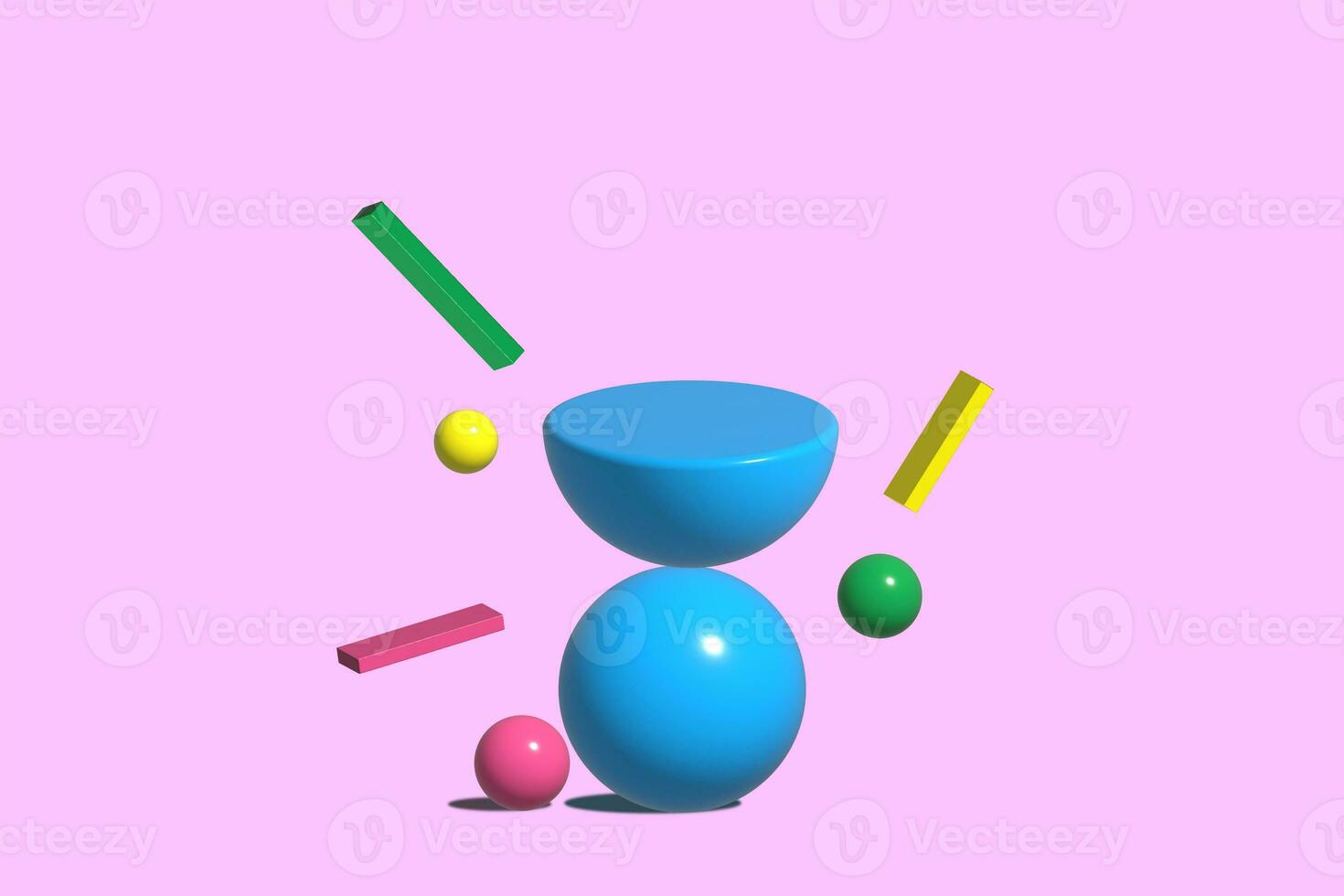 3d display podium from colorful geometric figures on pink background. Funny composition from a sphere, hemisphere, ball. Memphis style product presentation stand. Not AI photo