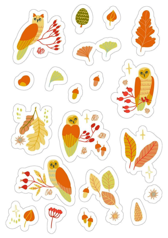 Stickers set A4 A5 with autumn elements - leaves, owls, berries. Isolated fall coloured elements with silhouettes vector