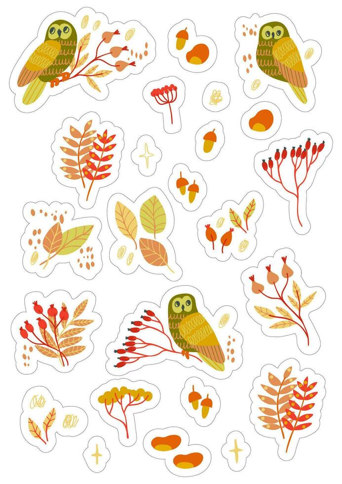 Stickers set A4 A5 with autumn elements - leaves, owls, berries. Isolated fall coloured elements with silhouettes vector