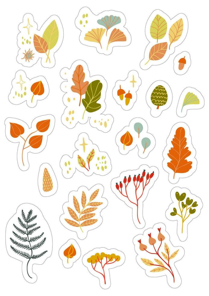 Stickers set A4 A5 with autumn elements - leaves and berries. Isolated fall coloured elements with silhouettes vector