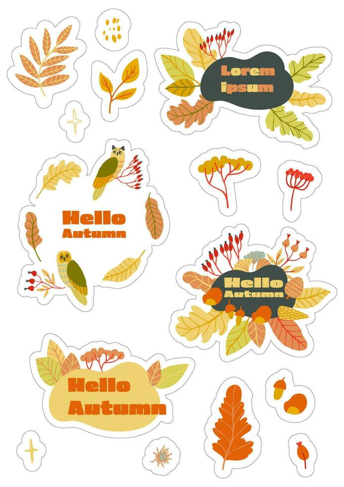 Stickers set A4 A5 with autumn elements - leaves, owls, berries. Isolated fall coloured elements with silhouettes vector