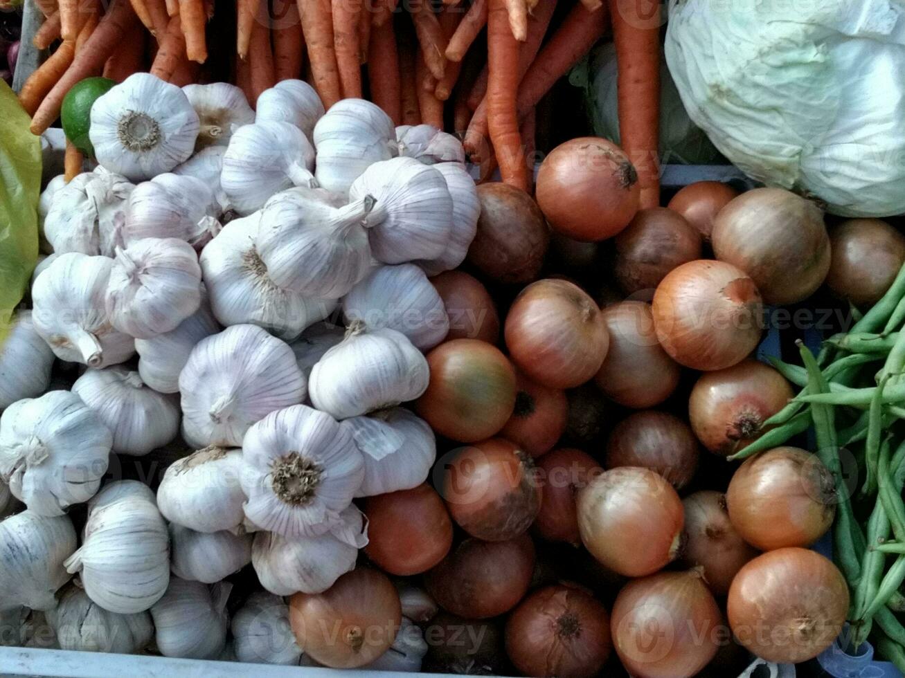 foto de varios tipos de vegetales para Cocinando ingredientes en un blanco cesta. entre estos vegetales son zanahorias, repollo, ajo, cebollas, zanahorias, chayote