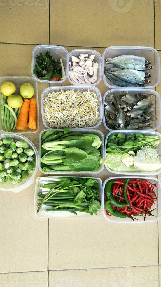 arreglo de comida preparación antes de poniendo eso en el refrigerador. varios verduras, Fruta y pescado son metido en separar contenedores foto