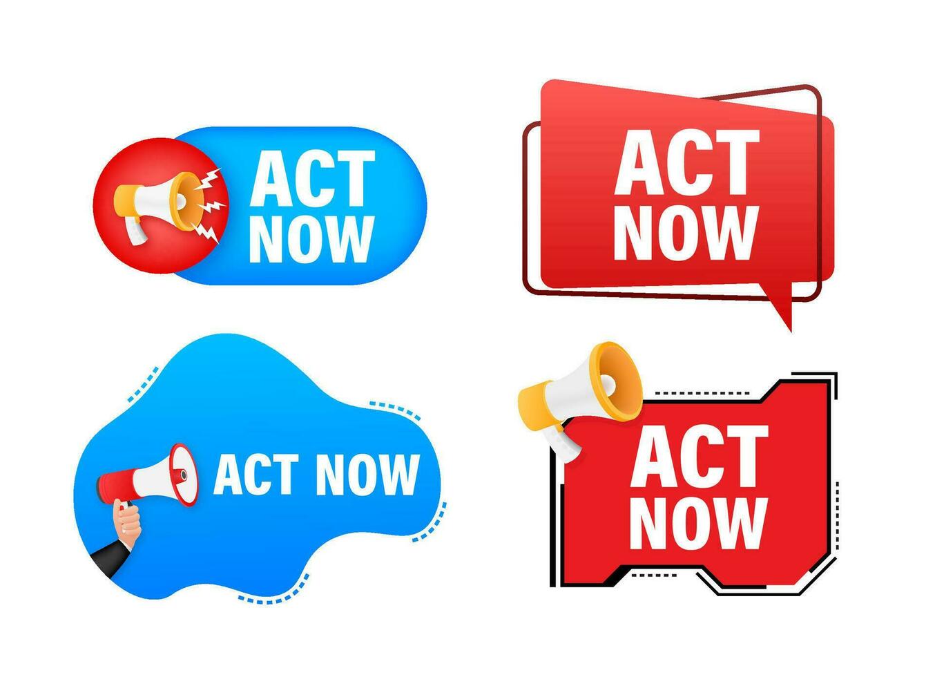 Megaphone label set with text Act now. Megaphone in hand promotion banner. Marketing and advertising vector
